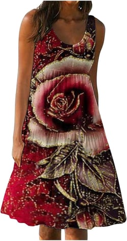 HHmei 2024 New Women's Summer Dresses Beach Casual Sleeveless Floral Print Boho Tank Dress V Neck Loose Sundress with Pocket Small 2-burgundy