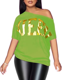 PESION Women Off The Shoulder Tops Sexy Shiny Metallic Shirts Short Sleeves Fashion Graphic T-shirts Blouses X-Large Neon Green+ Gold