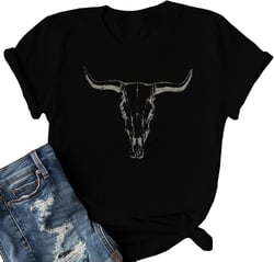 Western Shirts for Women Rodeo Cowgirl Shirt Vintage Country Music Cow Skull Graphic Tees Tops Country Concert Outfits X-Large Black