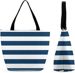 Niapessel Tote Bag Navy Blue And White Striped Pattern Beach Travel Reusable Grocery Shopping Aesthetic Portable Storage HandBags Purse with Zipper Large for Women Girls