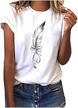 Cute Summer Tops for Women 2024 Dressy Casual Feather Print Shirts Short Sleeve Graphic Tees Basic Tshirt #G04-white Small