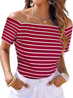 LilyCoco Women Short Sleeve Off The Shoulder Tops Sexy Fitted Shirt Solid Tees Medium Big Red Stripe