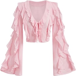 Women's Ruffle Trim Crop Blouse Long Bell Sleeve V Neck Bow Tie Front Shirts Top Crop Top Pink Large
