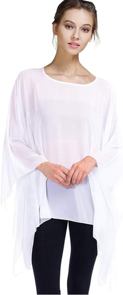 Max Hsuan Womens Summer Solid Sheer Batwing Blouse Chiffon Caftan Poncho Tunic Top Plus Size Cover up White