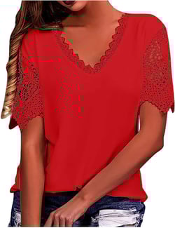 Cut Out Eyelet Tshirts for Women Summer Fall Short Sleeve Lace Vneck Neck USA Flag Tops Shirts Women 2024 A-451 Red Small