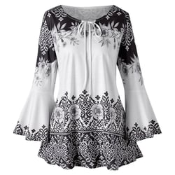 USSUMA Women Tops Dressy Casual Long Sleeve, Womens Blouses Plus Size Floral Printed Flare Sleeve Tops Keyhole Lace-up Trendy O-neck T-Shirts Tunics Fall Female