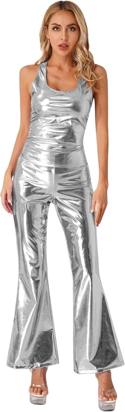 Womens Disco Diva Costume 70s Shiny Foxy Lady Disco Retro Jumpsuit Hippie Club Dancing Disco Silver B Small