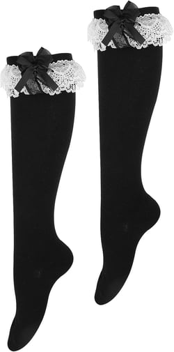 Women's Soft Knee High Socks Cotton Socks Lovely And Cute Lace Ruffle Bow Socks Tube Socks High Stockings for Lolita (Black)