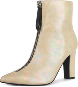 Perphy Rave Holographic Pointed Toe Chunky Heel Zipper Ankle Boots for Women 8 Gold