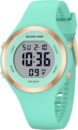 GOLDEN HOUR Waterproof Sport Women's Digital Chronograph Silicone Strap Watch Mint Green