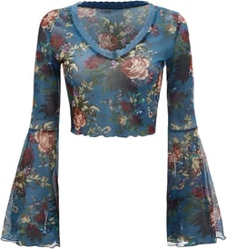 Floerns Women's Floral Print Flare Sleeve Lace Trim Mesh Crop Top Tee Shirts X-Small Blue Floral