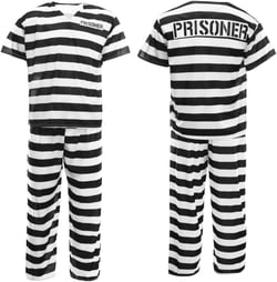 Mens Womens Prisoner Costume Adults Convict Outfit Black & White Striped Top, Pants & Hat Halloween X-Large