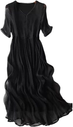 100% Natural Mulberry Silk Party Dress for Women V Neck Beach Dress Half Sleeves Evening Dress Large Black