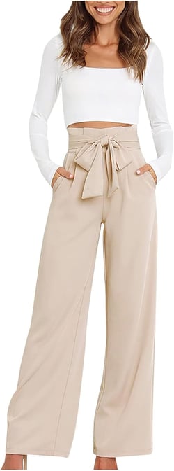 Paper Bag Pants Women High Waist Summer Casual Wide Leg Palazzo Pant Elegant Belted Long Trousers with Pockets XX-Large #02 Beige
