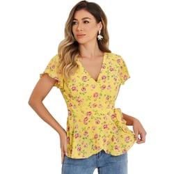Allegra K Women's Floral Printed V Neck Short Sleeve Tie Waist Wrap Blouse Yellow Small