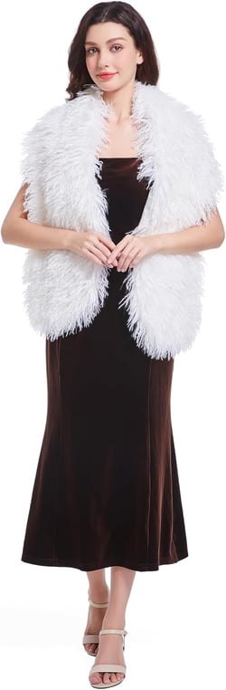 RomanticDesign Women Faux Fur Shawl Fluffy Bridal Wedding Sleeveless Wrap Warm Winter Stole Cape for Prom Evening Party White One Size