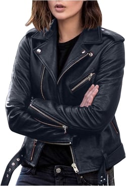 Womens Faux Leather Zip Up Moto Biker Jacket Solid Collar Color Zipper Women's Coat Short Lightweight Fashion