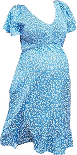 JEATHA Women Floral Print Maternity Dress Casual Summer Beach Sundress Short Sleeve V Neck Smock Ruffled Midi Dress