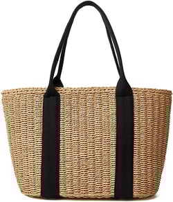 Foeses Women Straw Bags Summer Beach Large Tote Bag Handmade Woven Shoulder Crossbody Handbag