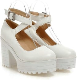 Women's Vintage Platform Mary Janes Chunky High Heel Dress Shoes Crisscorss Ankle Buckle Pumps 6 White