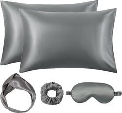 Satin 5-Piece Gift Sleep Set Pillowcase Eye Mask Scrunchies Pillow Case Blindfold with Headband for Women (Gray)