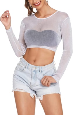 Avidlove Women Mesh Crop Top Long Sleeve See Through Shirt Sheer Blouse O Neck Clubwear S-4XL Long Sleeve-white(shimmer) Medium