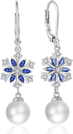 Snowflake Pearl Dangle Drop Earrings for Women 925 Sterling Silver 5A Cubic Zirconia Birthstone Hypoallergenic Leveback Earrings Jewelry Winter Christmas Birthday Gifts for Her September,Sapphire Color