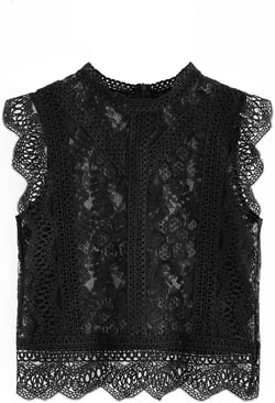 CHICWISH Women's White/Black Falling Leaf Full Lace Crochet Round Neck Sleeveless Crop Top
