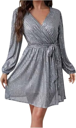 Binmer Sparkly Sequin Mini Wrap Dress Women 2024 V-Neck Long Lantern Sleeve Glitter Dresses with Belt Clubwear Party Outfit 4X-Large Silver