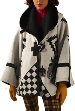CHARTOU Women's Wool Blend Aztec Ethnic Geometric Print Hooded Toggle Cloak Coat Medium Grey
