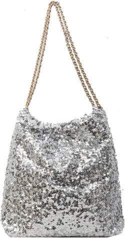 Women's Glitter Sequins Shoulder Tote Big Capacity Shimmer Shopping Bag Sparkling Handbag Purse Silver