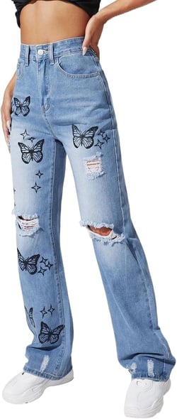 Women's Wide Leg Ripped Jeans High Waisted Butterfly Print Denim Pants Fashion Boyfriend Baggy Trousers with Pockets X-Large Blue