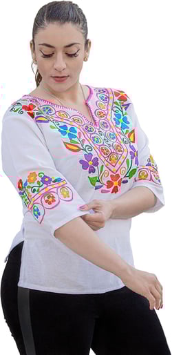 Traditional Mexican Shirt for Women Made in Mexico - Embroidered Mexican Peasant Blouse - Cinco de Mayo Clothes for Women Large White
