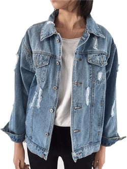 Oversized Denim Jacket for Women Destoryed Long Sleeve Boyfriend Jean Jacket Loose Coat Large Blue