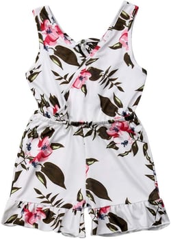 Toddler Baby Girls Floral Print V Neck Romper Jumpsuit Ruffle Overall Shorts One Piece Outfit Summer Clothes 1-2T White