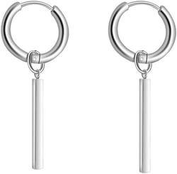 Minimalist Vertical Bar Small Hoop Short Dangle Drop Earrings for Men Women Boys Girls 316L Stainless Steel Charms Huggie Hinged Hoops Cartilage Helix Hypoallergenic Fashion Personalized Punk Geometric Line Stick Dangling Gifts Boyfriend Birthday Bff silver