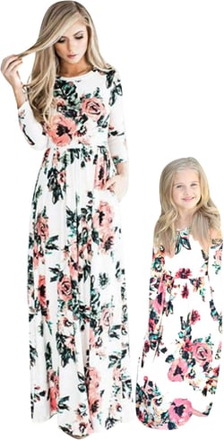 FLITAY Women’s Striped Casual Long Sleeve Print Floral Mommy Daughter Outfits Maxi Long Dress 8-9 Years Floral White Long Sleeve