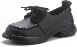 Women’s Leather Lace Up Platform Oxford Shoes Retro Round Toe Low Chunky Heel Slip-On Loafers Fashion Business Work Office Casual Shoes 7 Black