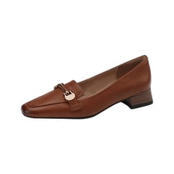 Lovskoo 2024 Loafers for Women Leather Square Toe Chunky Heel Penny Shoes Classic Comfortable Business Work Shoes Brown