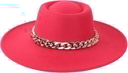 Women's Classic Wide Brim Felt Fedora Travel Western Fashion Hat, Adjustable Hat Band Wide Chain Belt Accent One Size Burgundy