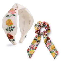RIFLE PAPER CO. Roses Embroidered Knotted Fabric Headband & Scrunchie Set | Embroidered Embellishments, Top Off Your Outfit. Covered Plastic Band Durable for Everyday Use (Gift for Mom, Teen, Girl)