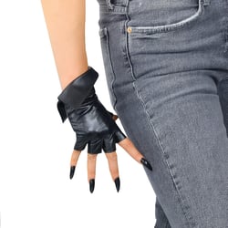 DooWay Women's Fashion Genuine Leather Gloves Half Finger Wrist Fold-over Cuff Imported Lambskin Leather Costume Party RockPunk Fingerless Driving Gloves