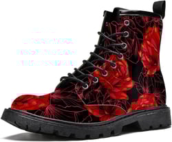 MAPOLO Women's High Top Boots Lace Up Red Blooming Rose Flowers Black Winter Boots Casual Leather Slip Resistant Ankle Shoes Combat Boots