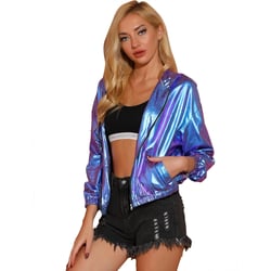 Allegra K Women's Holographic Shiny Long Sleeve Zipper Hooded Metallic Jacket Blue Purple X-Large