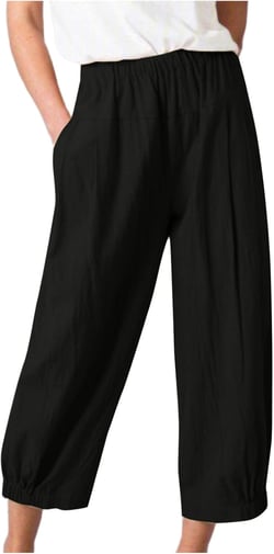 ZDRZK Linen Pants for Women Summer Plus Size Casual 2023 High Waist Capri Pants Loose Wide Leg Cropped Trousers with Pockets 4X-Large #J02-black