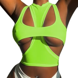ZGMYC Women Sexy Cut Out Underboob Crop Top 2 Piece Racerback Athletic Tank Top T Shirt Cami Streetwear Large Neon Green