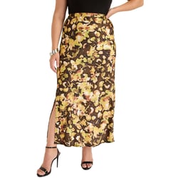 June + Vie by Roaman's Women's Plus Size Satin Side-Slit Midi Skirt - 14/16, Watercolor Floral