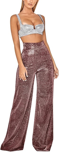 Women's Pants 2024 Fashion Women's Bright Silk High Waist Draped Zipper Wide Leg Flare Pants Medium Red