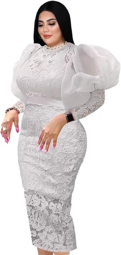 ONTINVA Women's Floral Lace Long Sleeve Patchwork Mesh Slim Pencil Midi Dress Small White