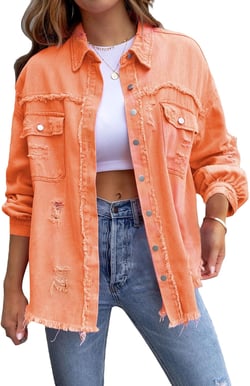 Awoscut Women's Basic Long Sleeve Ripped Distressed Denim Jacket Button Down Boyfriend Jean Coat Trucker Jackets Fall Top X-Large Orange